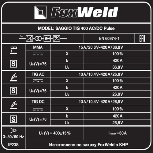 Аппарат аргонодуговой сварки FoxWeld SAGGIO TIG 400 AC/DC PULSE