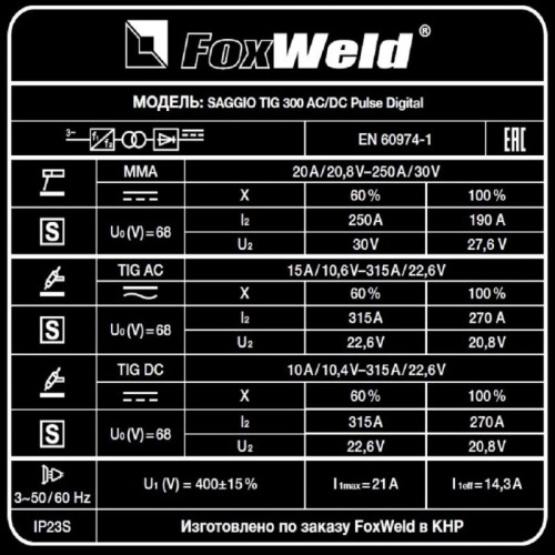 Аппарат аргонодуговой сварки FoxWeld SAGGIO TIG 300 AC/DC PULSE DIGITAL