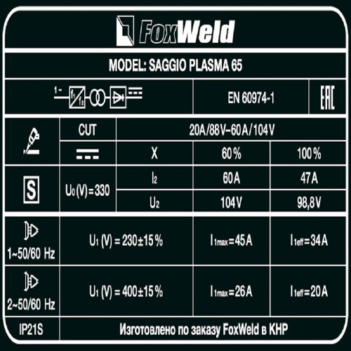 Аппарат плазменной резки FoxWeld SAGGIO PLASMA 65