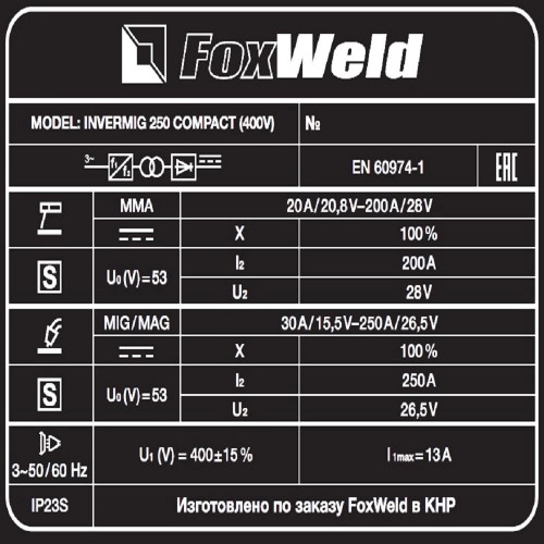 Сварочный полуавтомат FoxWeld INVERMIG 250 COMPACT (400V)