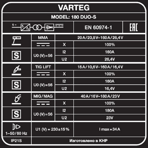 Сварочный полуавтомат FoxWeld VARTEG 180 DUO-S