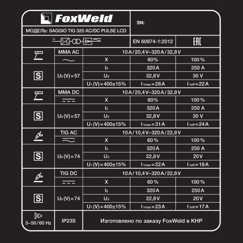 Аппарат аргонодуговой сварки FoxWeld SAGGIO TIG 320 AC/DC PULSE LCD