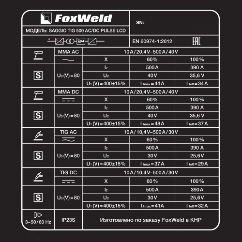 Аппарат аргонодуговой сварки FoxWeld SAGGIO TIG 500 AC/DC PULSE LCD