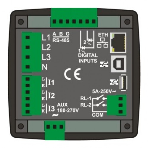 Анализатор сети Datakom DKM-411 96x96 мм, 3.5”TFT цв, Ethernet, USB/Host, USB/Dev, RS485, RS232, 2-вх, 2-вых, AC